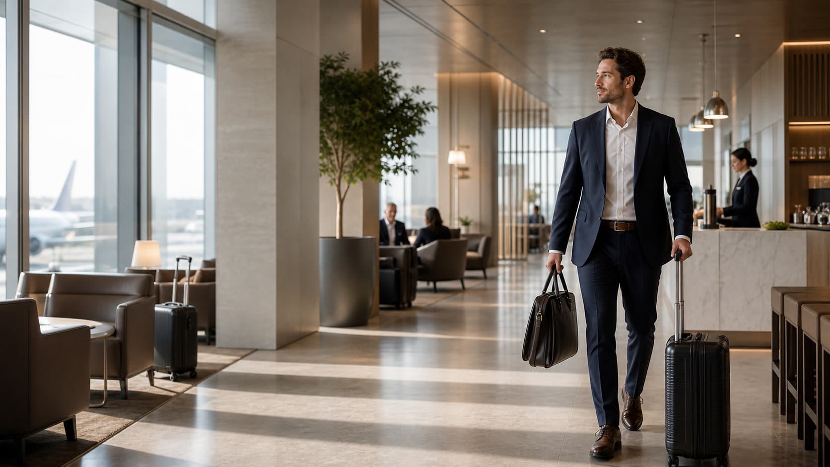 Business traveler in a bright airport with company travel details organized in Destinflow