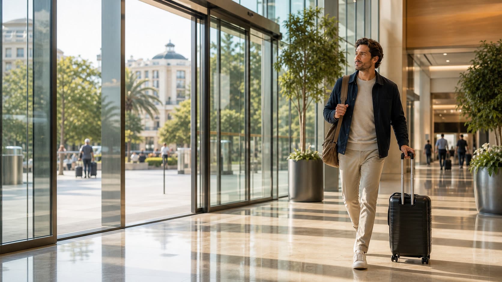 Traveler reviewing a connected Destinflow trip plan with search, stays, flights, and budget context